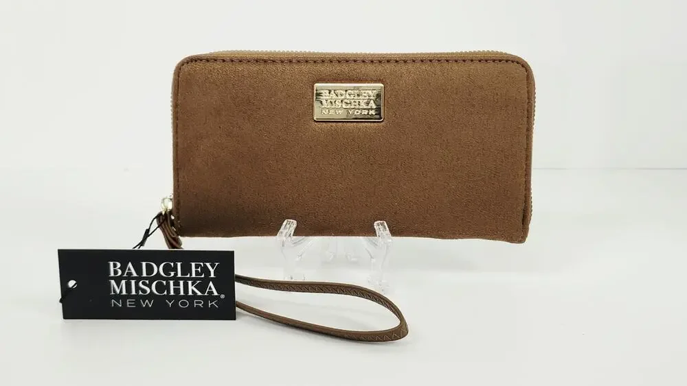 Badgley Mischka Tan Brown Suede Zip Around Wristlet Continental Wallet NWT